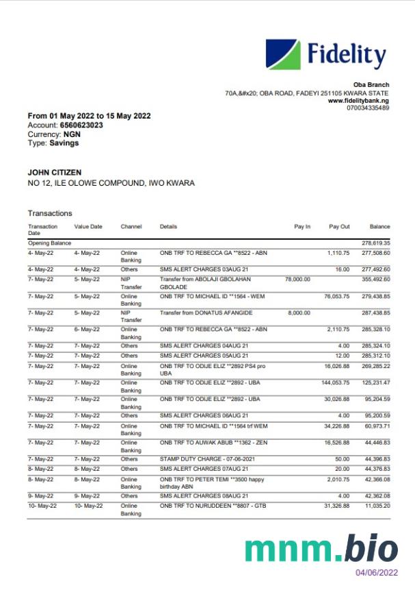 Nigeria FCMB wyciąg bankowy słowo i szablon PDF, 6 stron